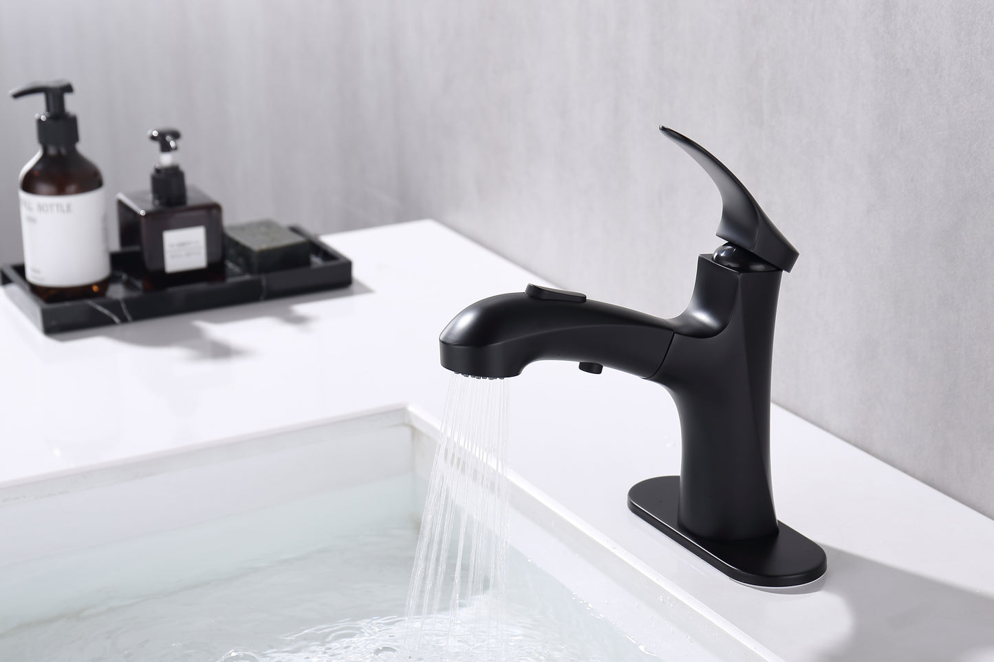 Modern Black Bathroom Faucet with Pull Down Sprayer and Single Handle