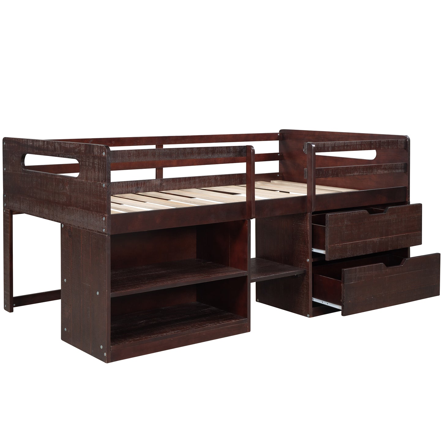 Twin size Loft Bed with Two Shelves and Two drawers (Antique Espresso)