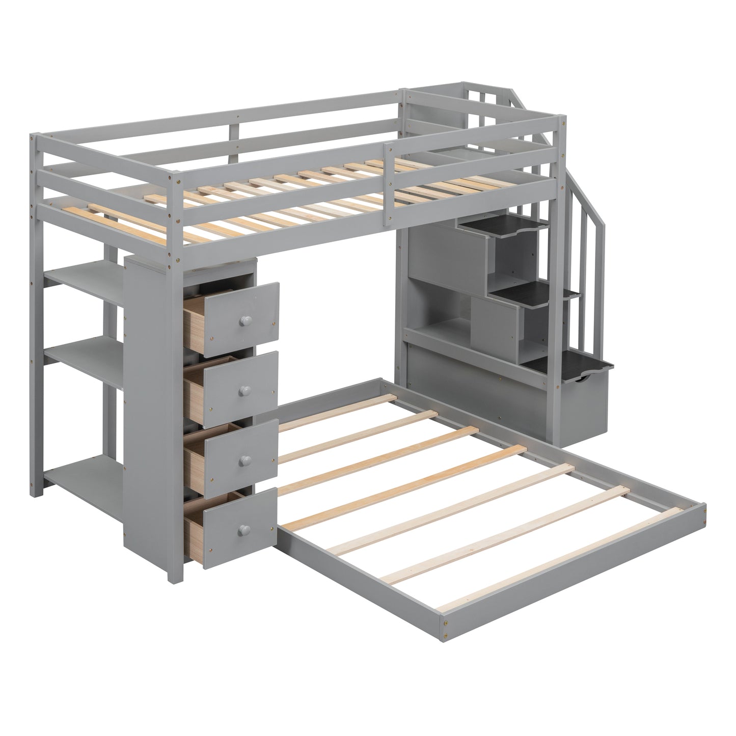 Space-Saving Gray Bunk Bed with Storage Stairs and Versatile Features