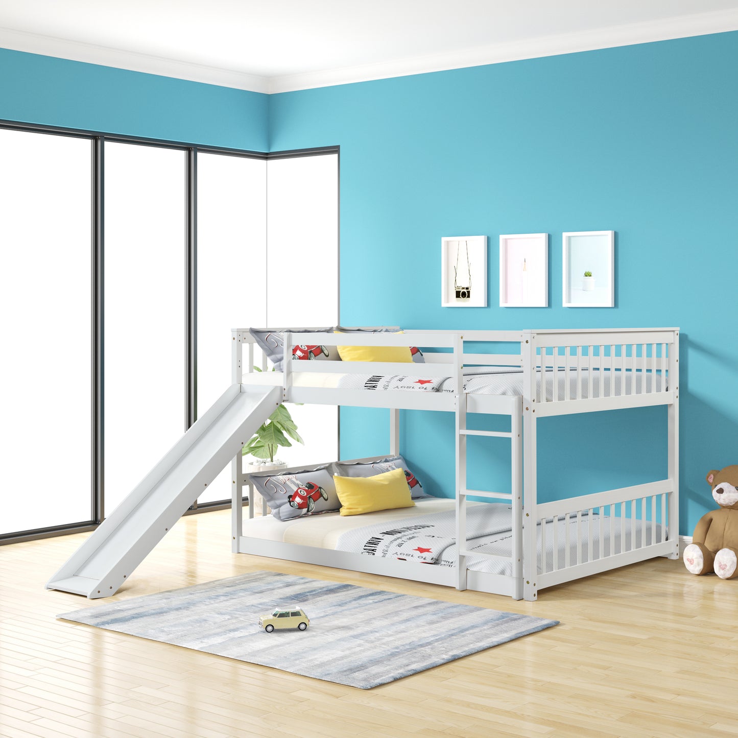 Full over Full White Bunk Bed with Slide and Ladder