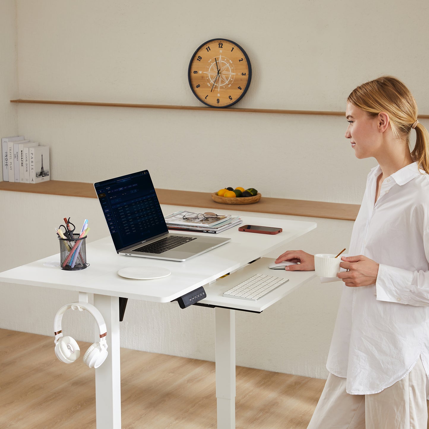 Electric Adjustable Standing Desk with Keyboard Tray, 48 x 24 Inches - White