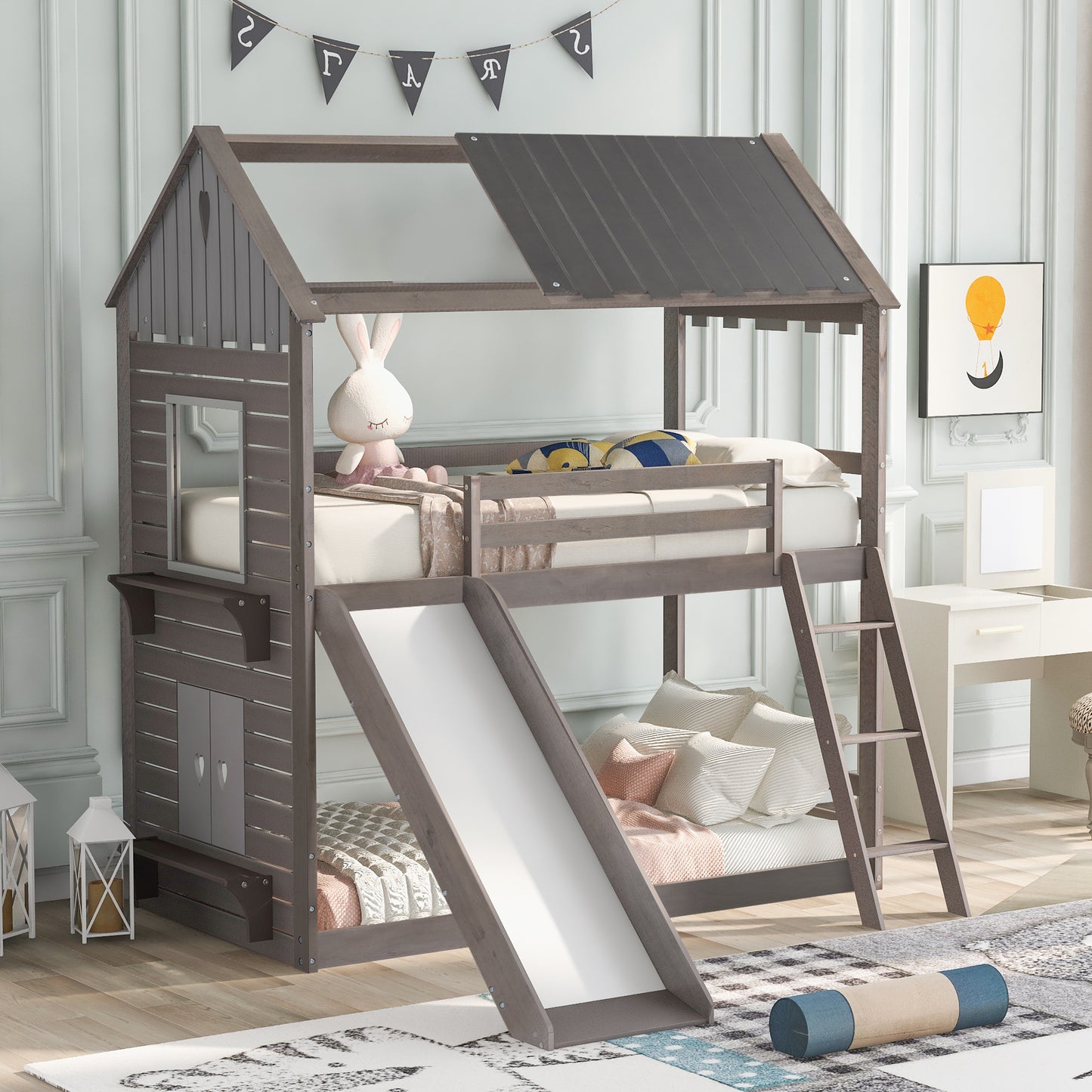 Roof and Window Twin Bunk Bed in Antique Gray Graphite