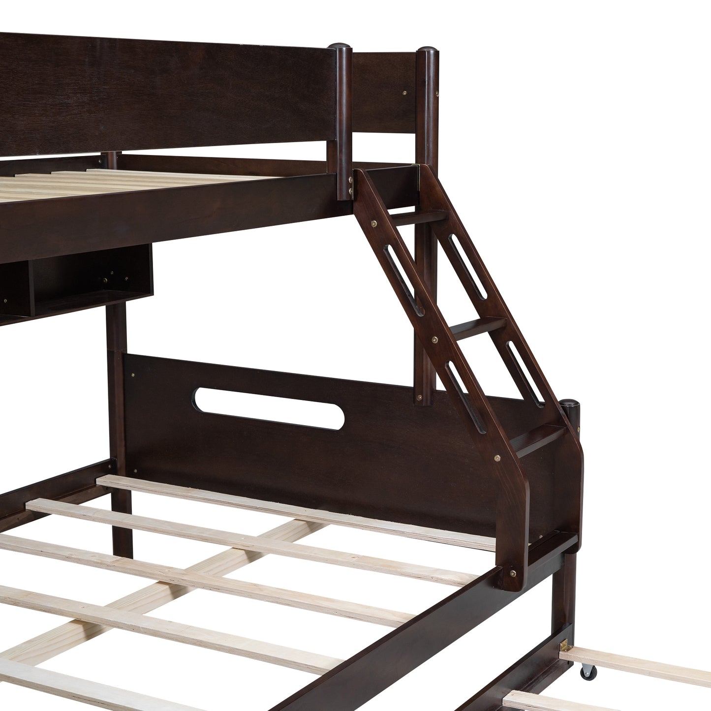 Espresso Wood Bunk Bed with Twin Over Full, Storage Shelves, Trundle, and Sturdy Construction