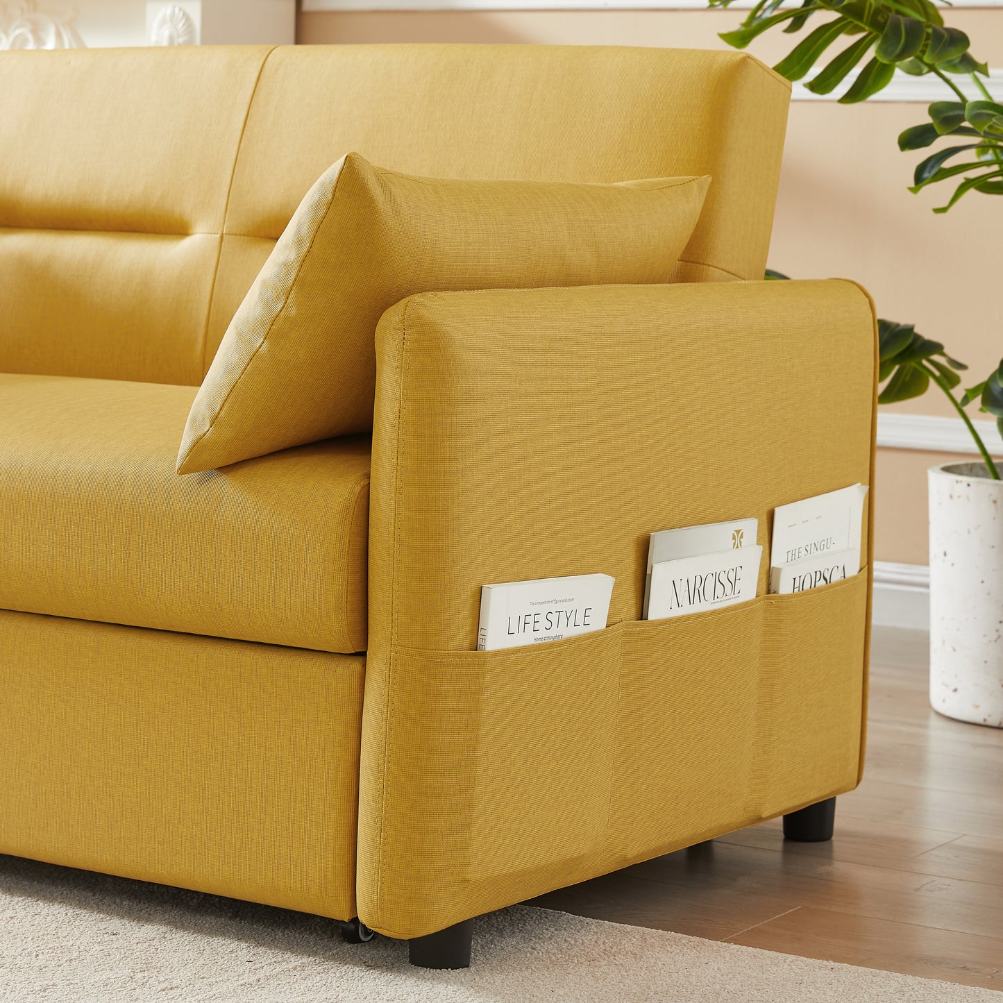 Convertible Yellow Cloth Grain Leather Leisure Sofa Bed