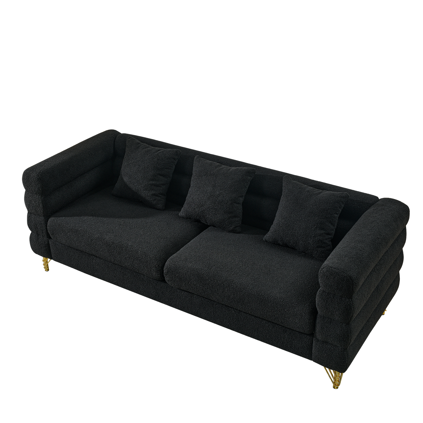 81 Inch Black Teddy Fabric 3-Seater Sectional Sofa with Lumbar Pillows