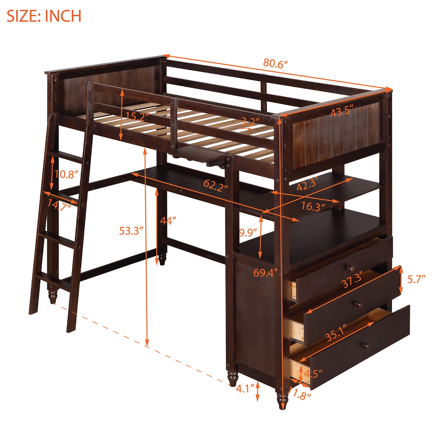 Twin size Loft Bed with Drawers and Desk, Wooden Loft Bed with Shelves - Espresso(: LT001530AAP)