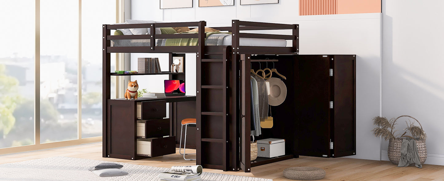 Full size Loft Bed with Drawers,Desk,and Wardrobe-Espresso