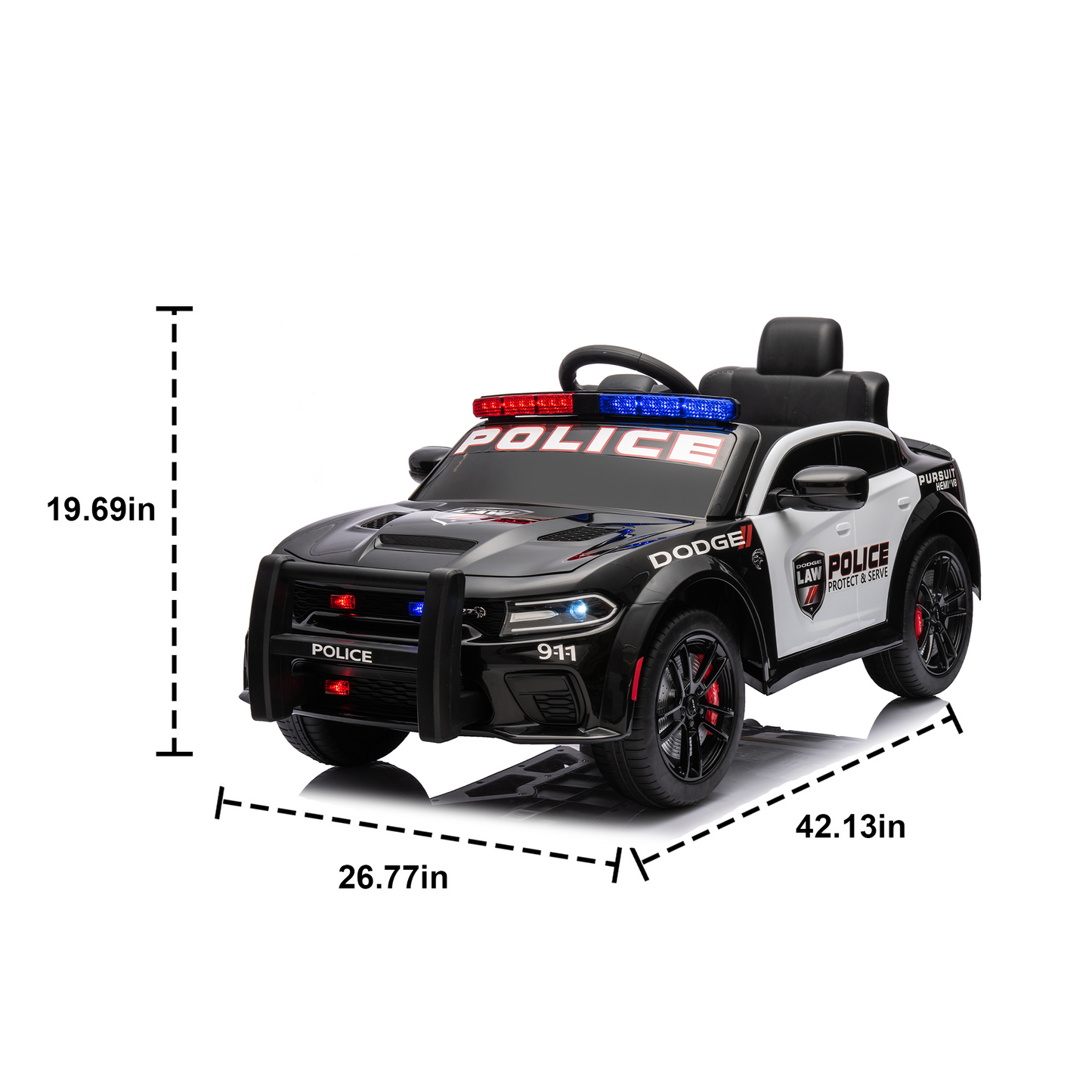 Licensed Dodge Charger,12v Kids ride on police car W/Parents Remote Control,anti-collision bar,Front& top alarm light design,Police car sticker,megaphone,three-speed,slow start,Four wheel suspension.