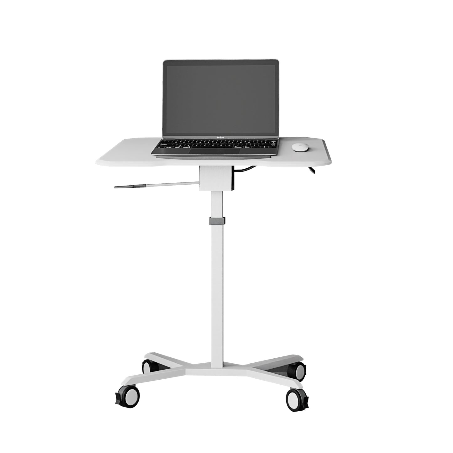 Adjustable White Laptop Stand with Tilt Tabletop and Rolling Mechanism