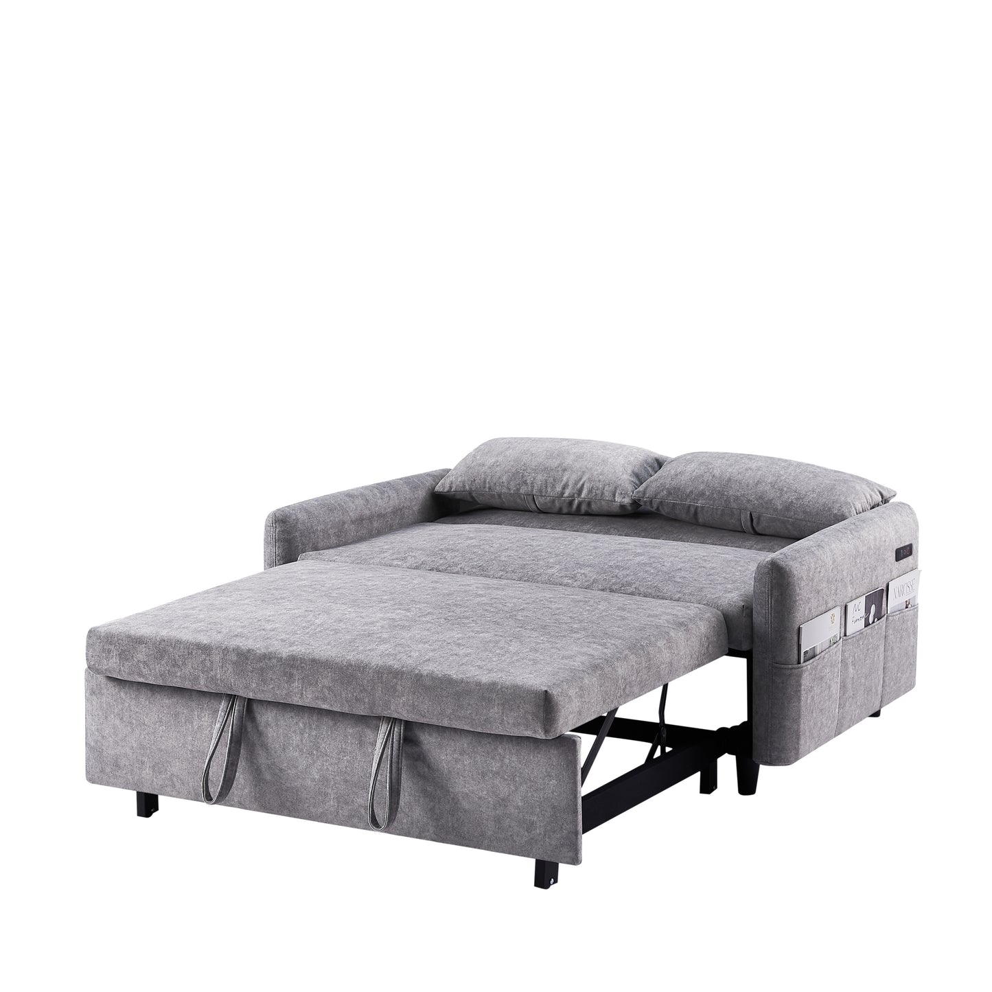 Adjustable Grey Loveseat Sofa Bed with USB Ports and Storage Pockets