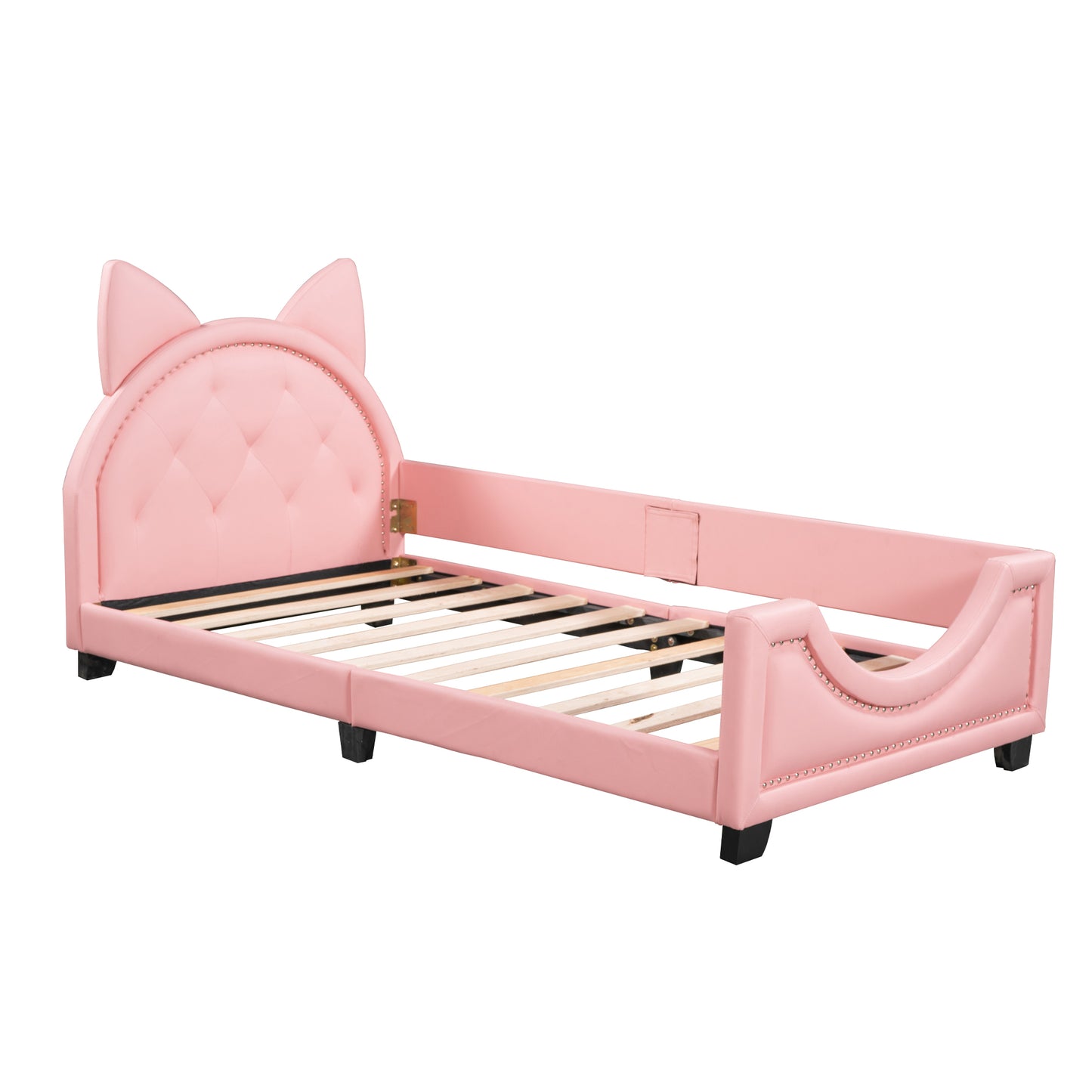 Twin Size Upholstered Daybed with Carton Ears Shaped Headboard, Pink