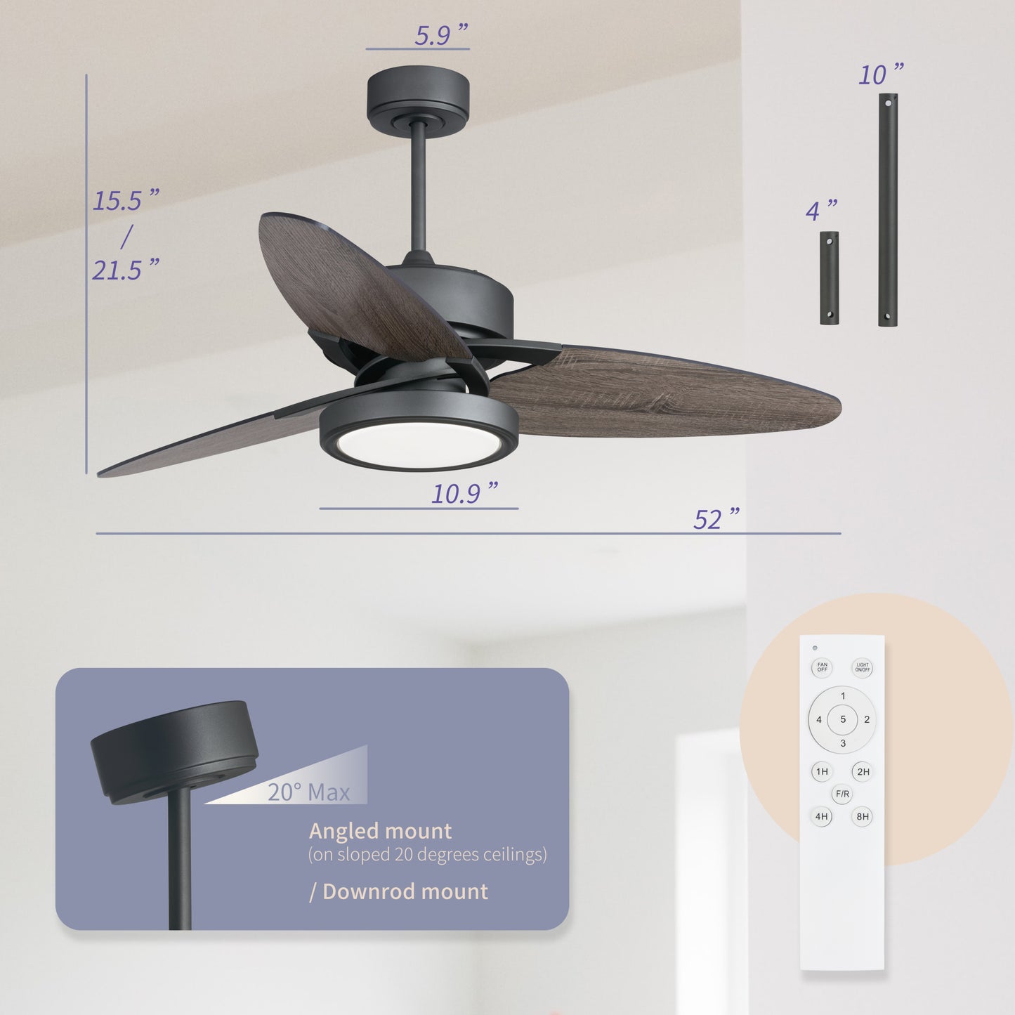 52 Inch Ceiling Fan with Dark Wood Blades and Remote Control