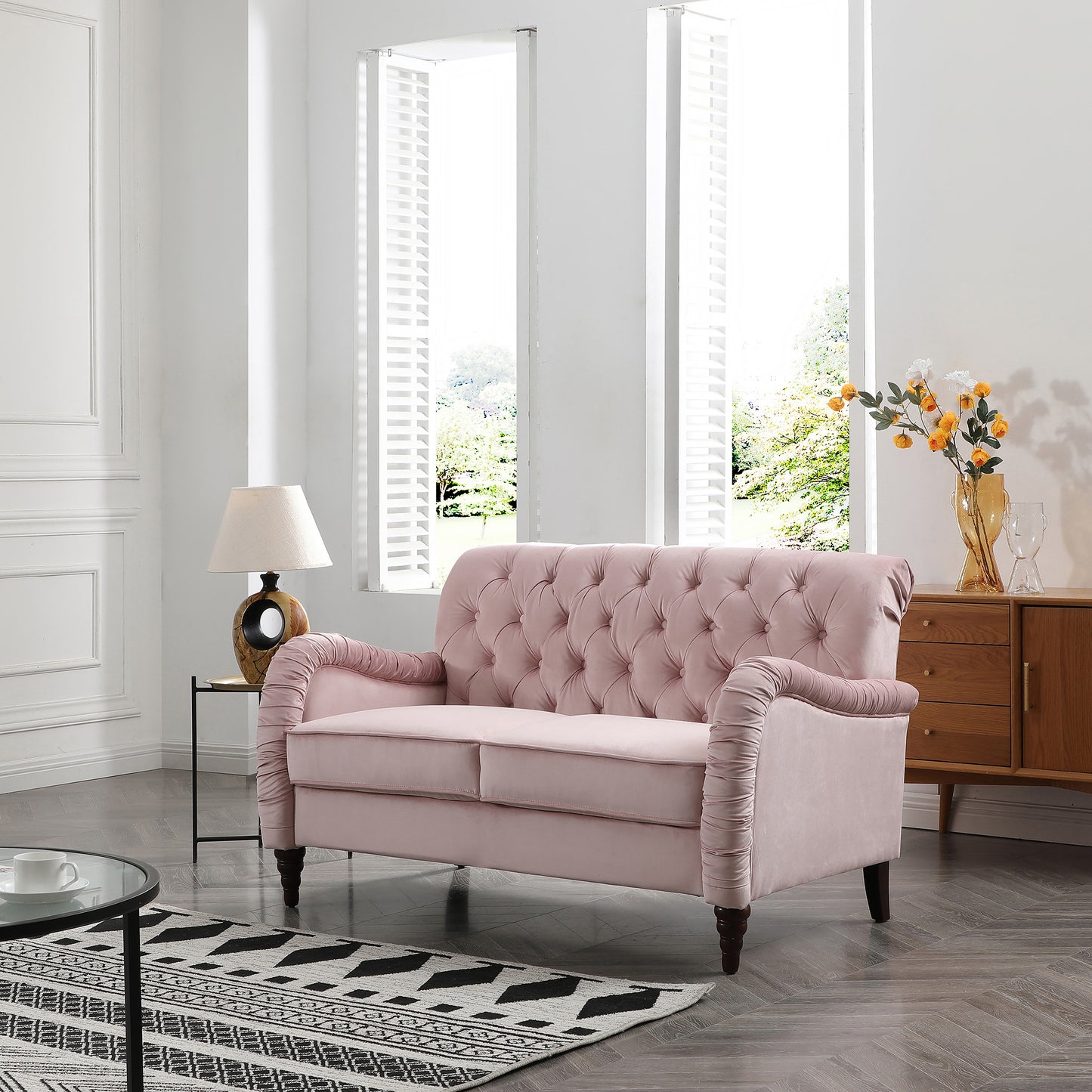 Pink Velvet Chesterfield 2-Seater Modern Sofa