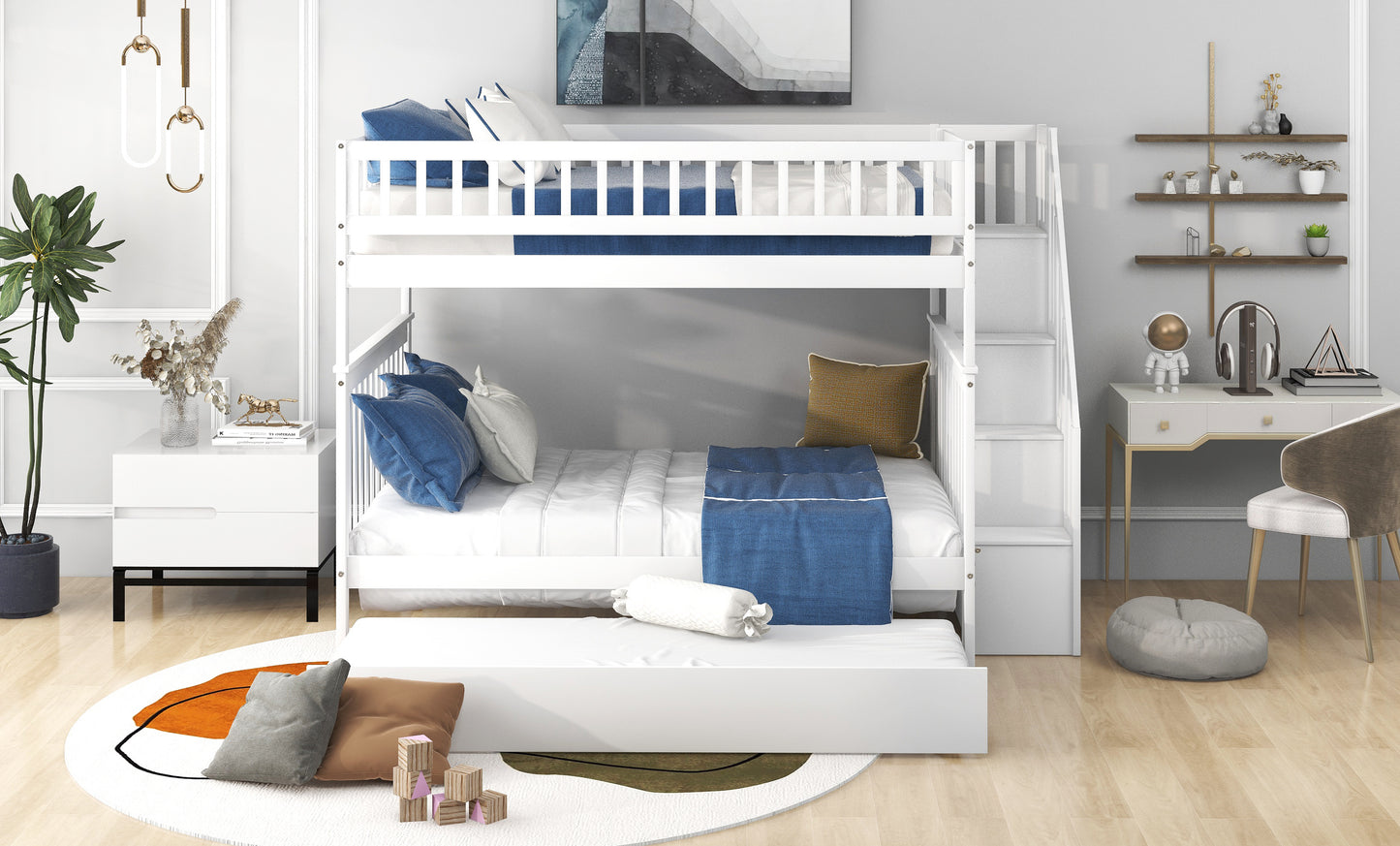 White Full over Full Bunk Bed with Trundle, Staircase, and Storage - Space-Saving Full Bunk Bed with Trundle