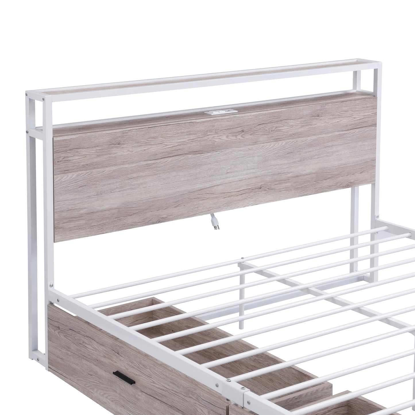 Queen Size Metal Platform Bed Frame with Two Drawers,Sockets and USB Ports ,Slat Support No Box Spring Needed  White