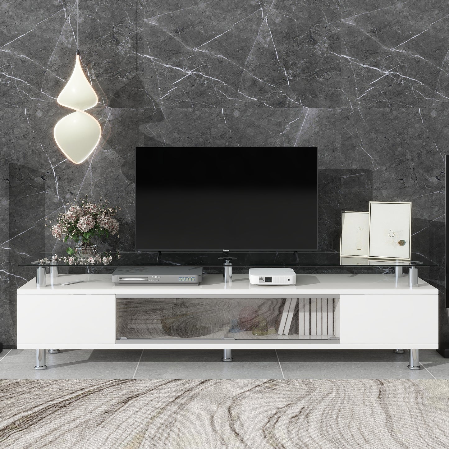 Contemporary White Media Console with Sleek Glass Design and Spacious Storage