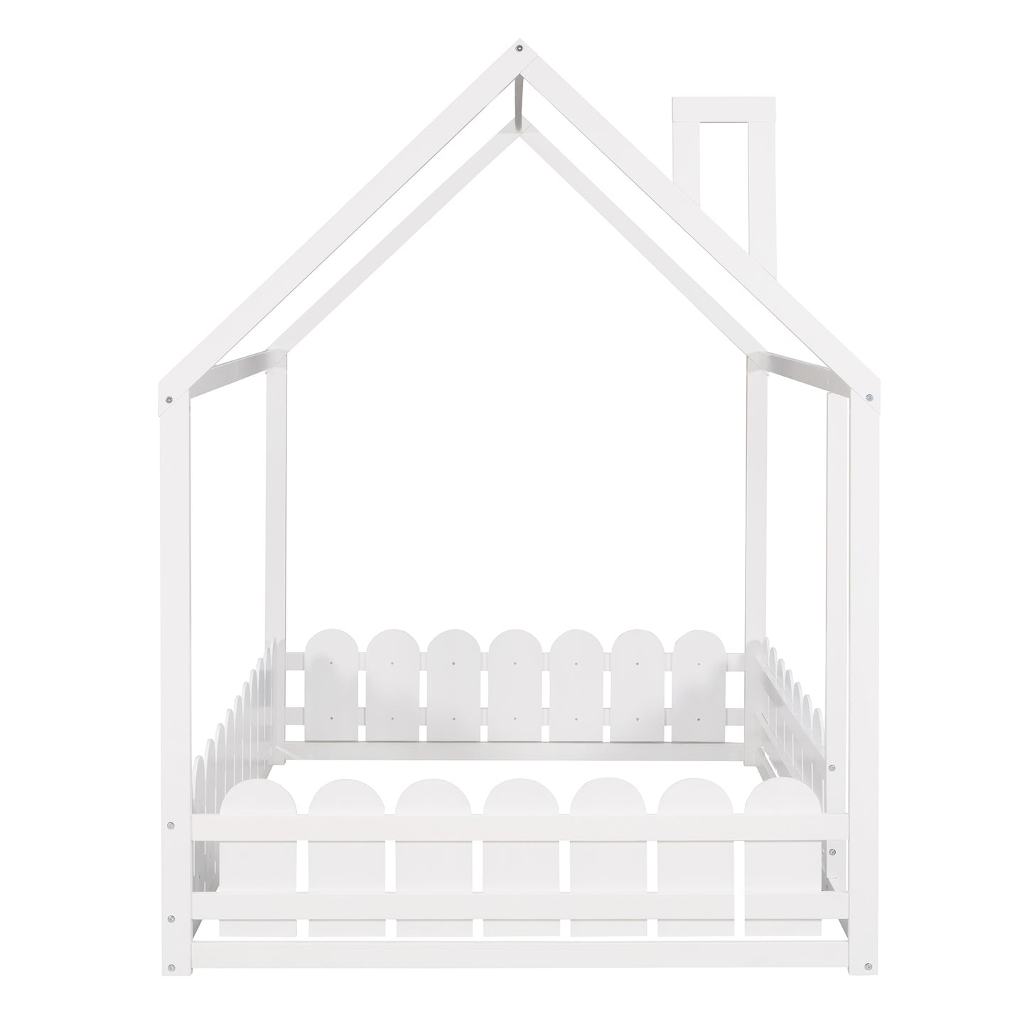 Full Size Wood Bed House Bed Frame with Fence,for Kids,Teens,Girls,Boys (White)