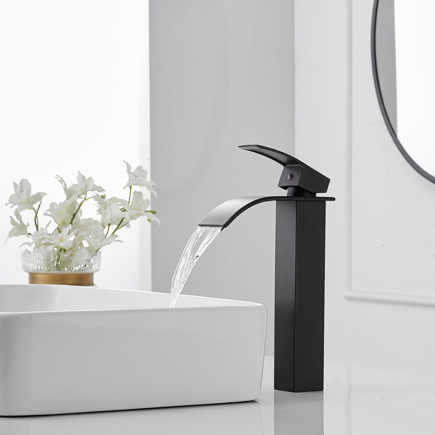 Matte Black Waterfall Bathroom Vessel Sink Faucet with Single Hole Handle and Pop-up Drain