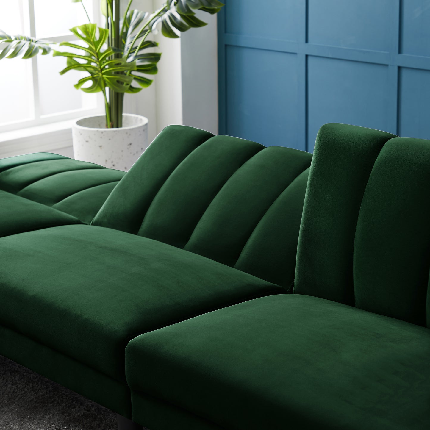 REVERSIBLE SECTIONAL SOFA SLEEPER WITH 2 PILLOWS DARK GREEN VELVET