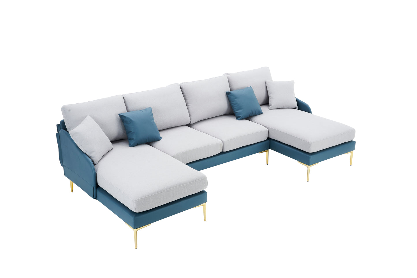 Modern large area Linen+Leathaire fabric color matching segmented sofa, ultra wide lounge chair, golden legs, U-shaped, blue+light gray