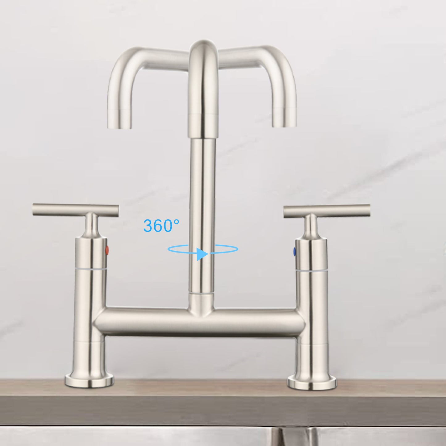 Double Handle Bridge Kitchen Faucet In Stainless Steel