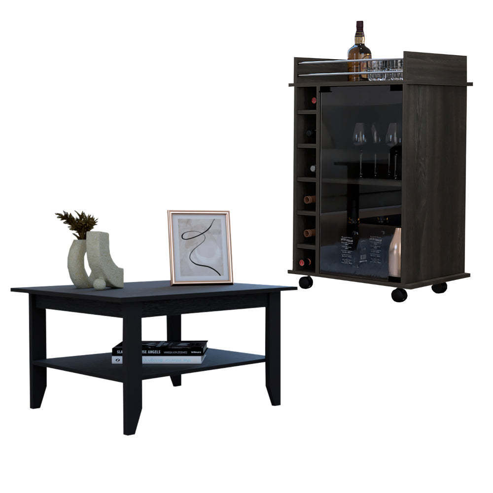 Cabrillo 4-Shelf Living Room Set in Black and Espresso, Including Coffee Table and Bar Cabinet