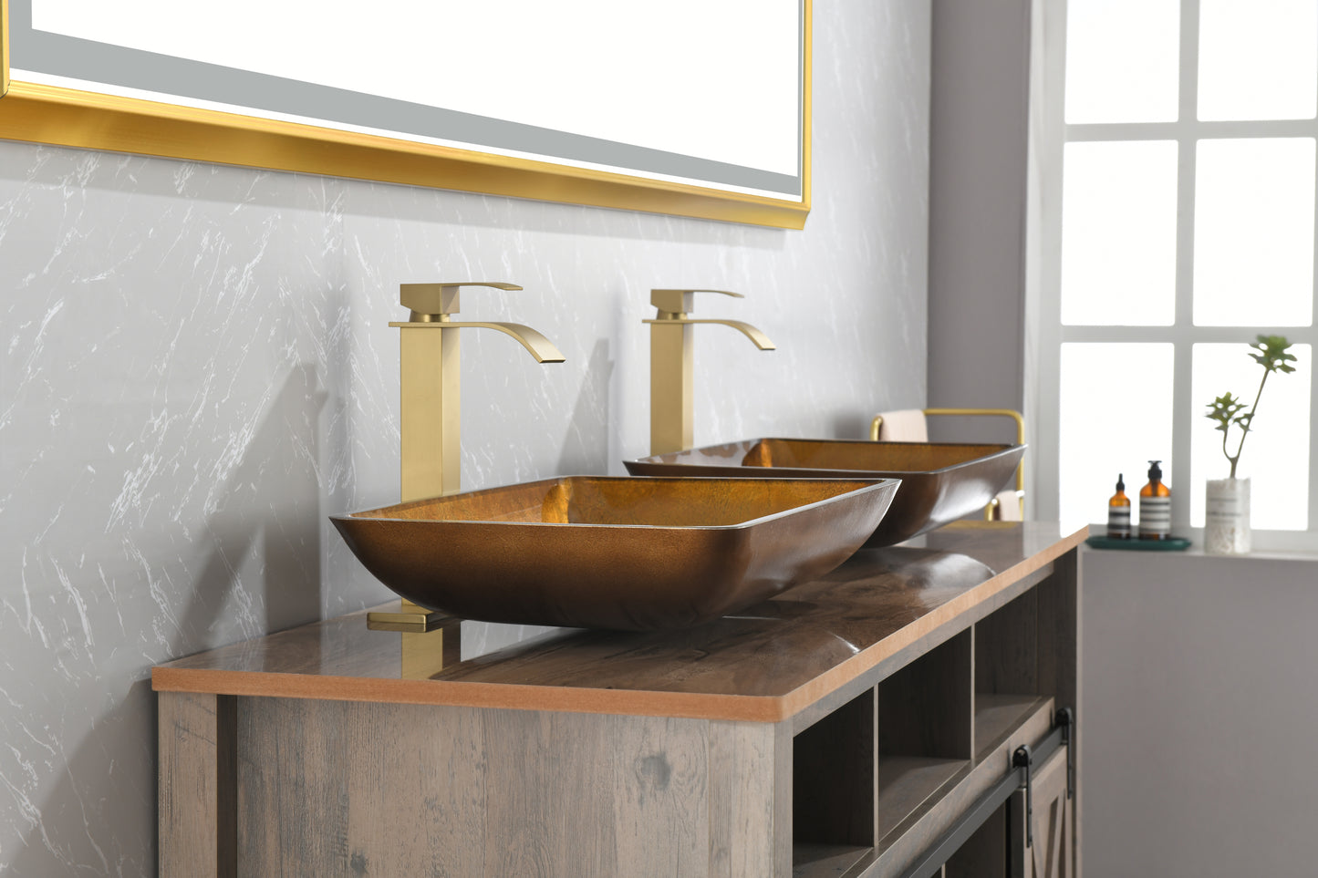 Gold Glass Rectangular Vessel Bathroom Sink Set with Faucet and Pop-Up Drain