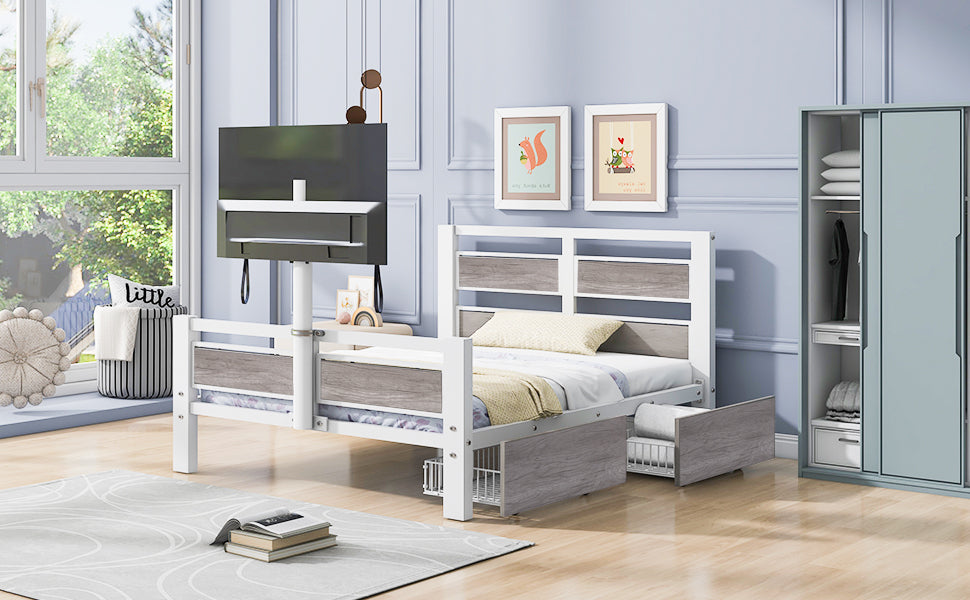 Metal Platform Bed with Rotating TV Stand, Storage Drawers, and MDF Headboard, Twin Size, White