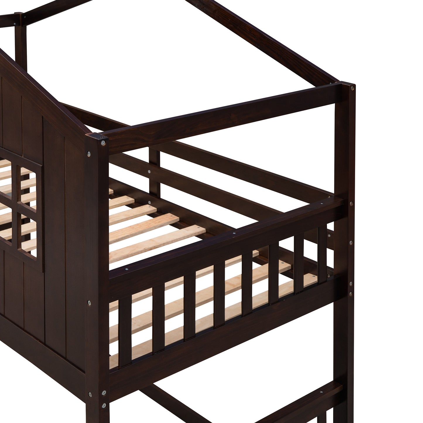 House Loft Bunk Bed with Playful Roof Design and Rustic Charm, Espresso Finish