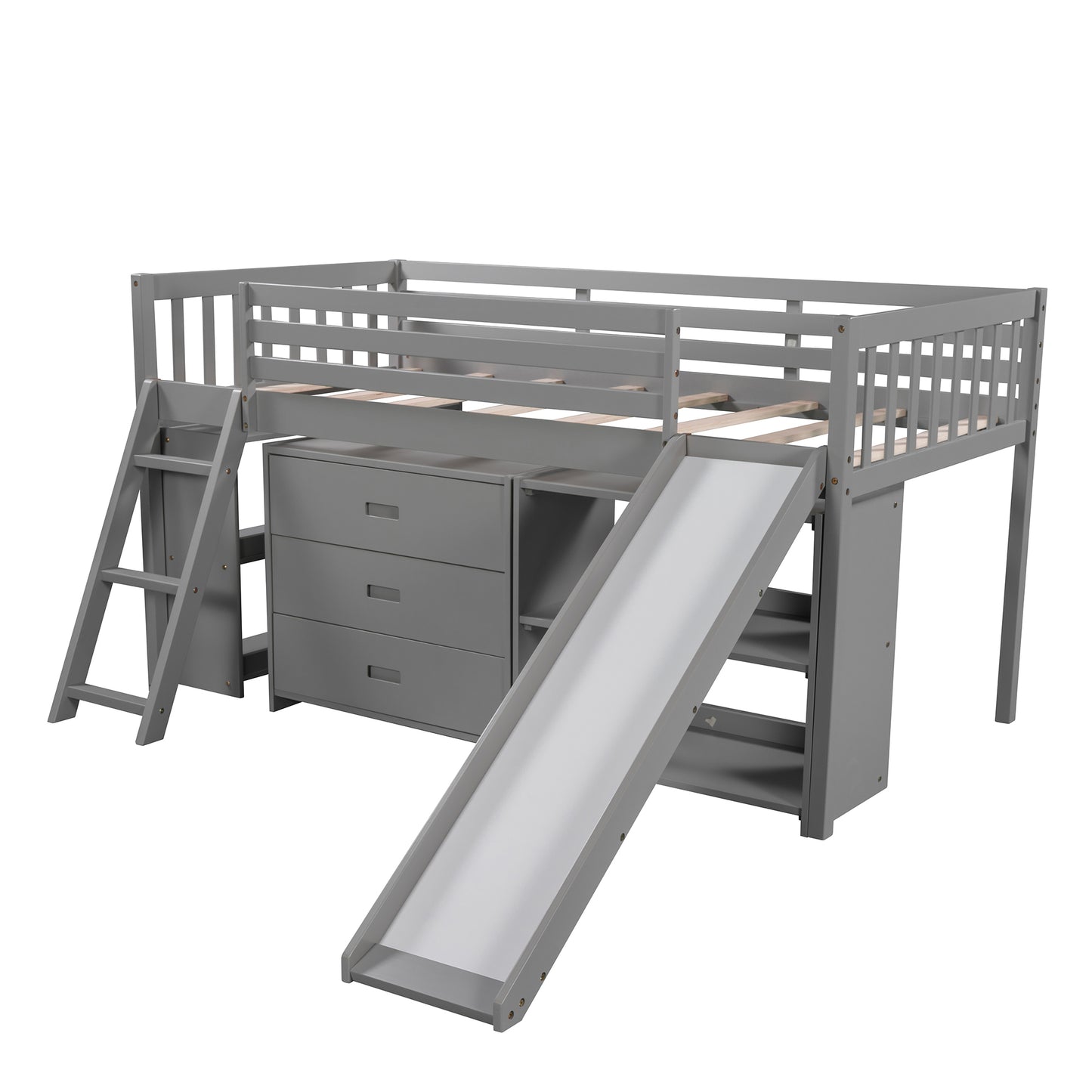 Low Loft Bed with Attached Bookcases and Separate 3-tier Drawers,Convertible Ladder and Slide,Twin,Gray