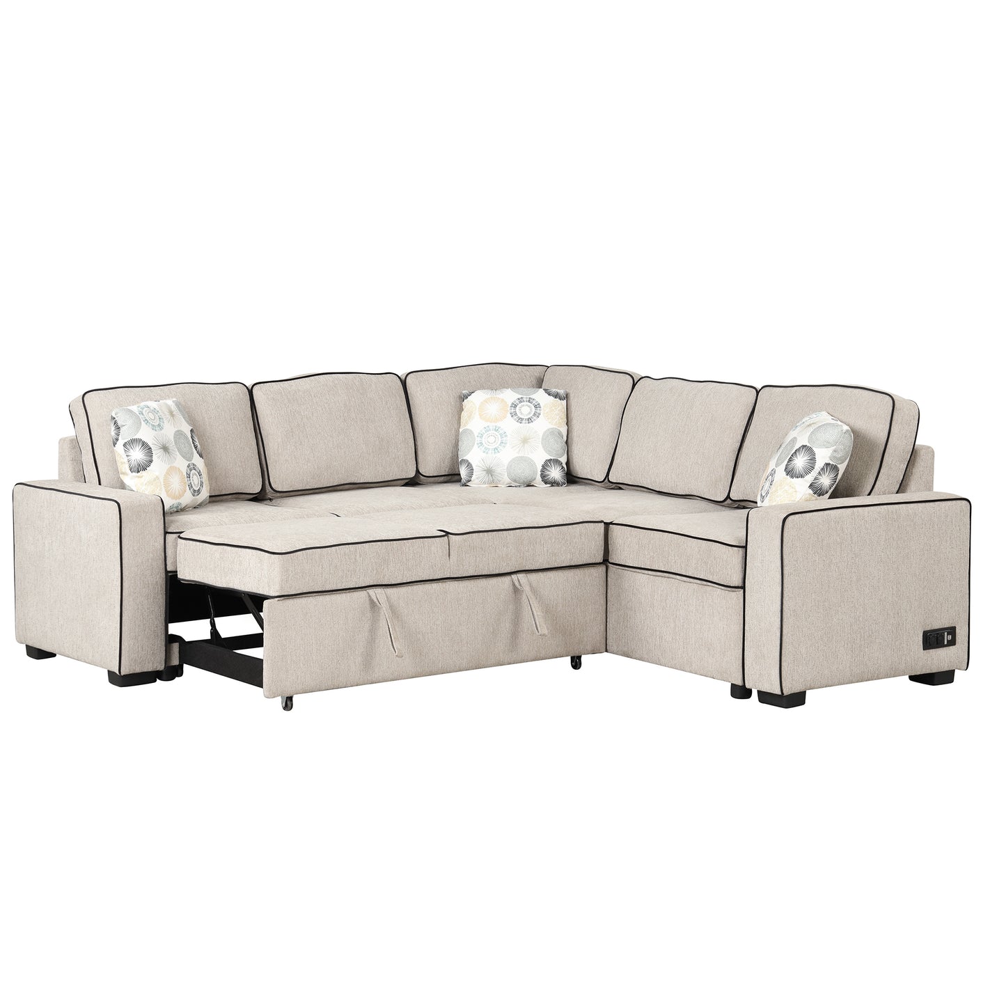 83 Cream Convertible L-Shaped Sleeper Sofa with USB Ports and Power Sockets