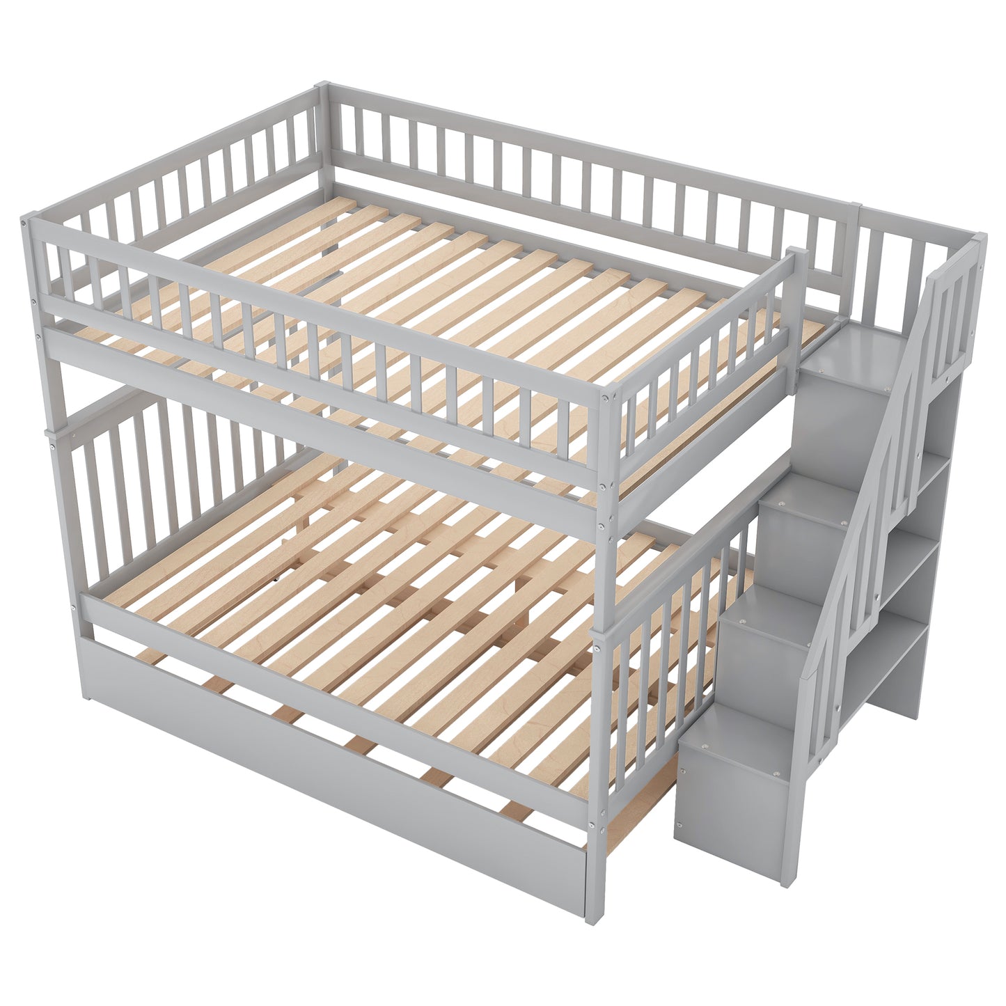 Gray Triple Sleeper Bunk Bed with Trundle and Staircase