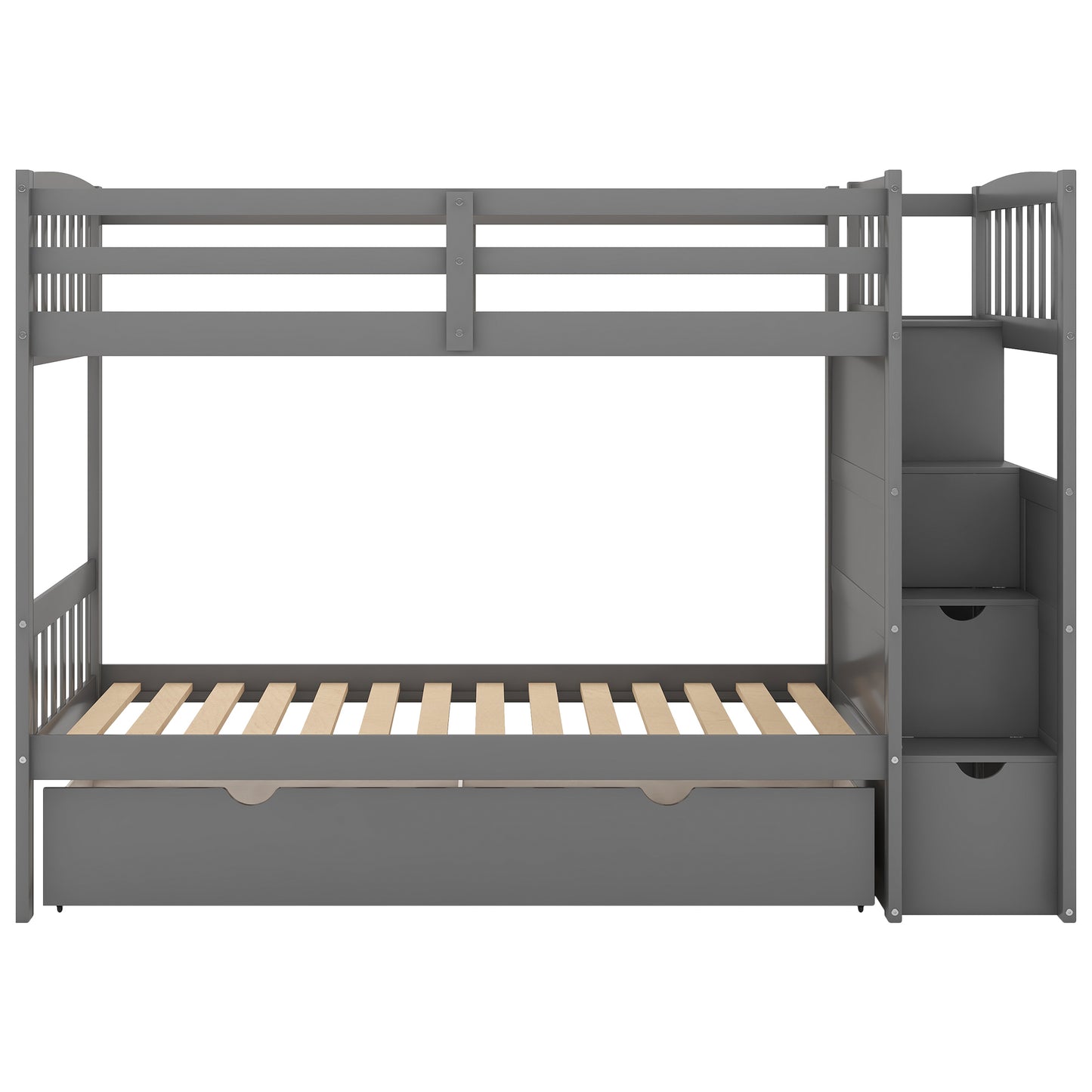 Storage Solution Gray Twin over Full Bunk Bed with Shelves and Drawers