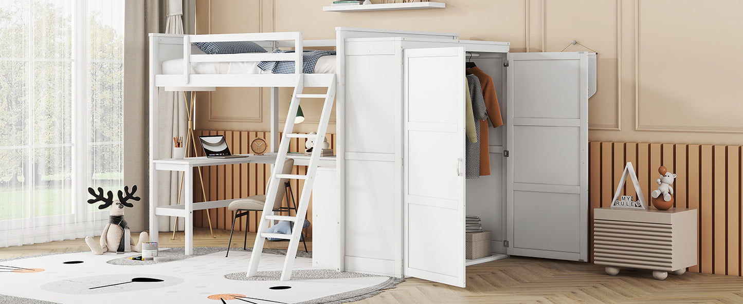 Full size Loft Bed with Desk, Shelves and Wardrobe-White