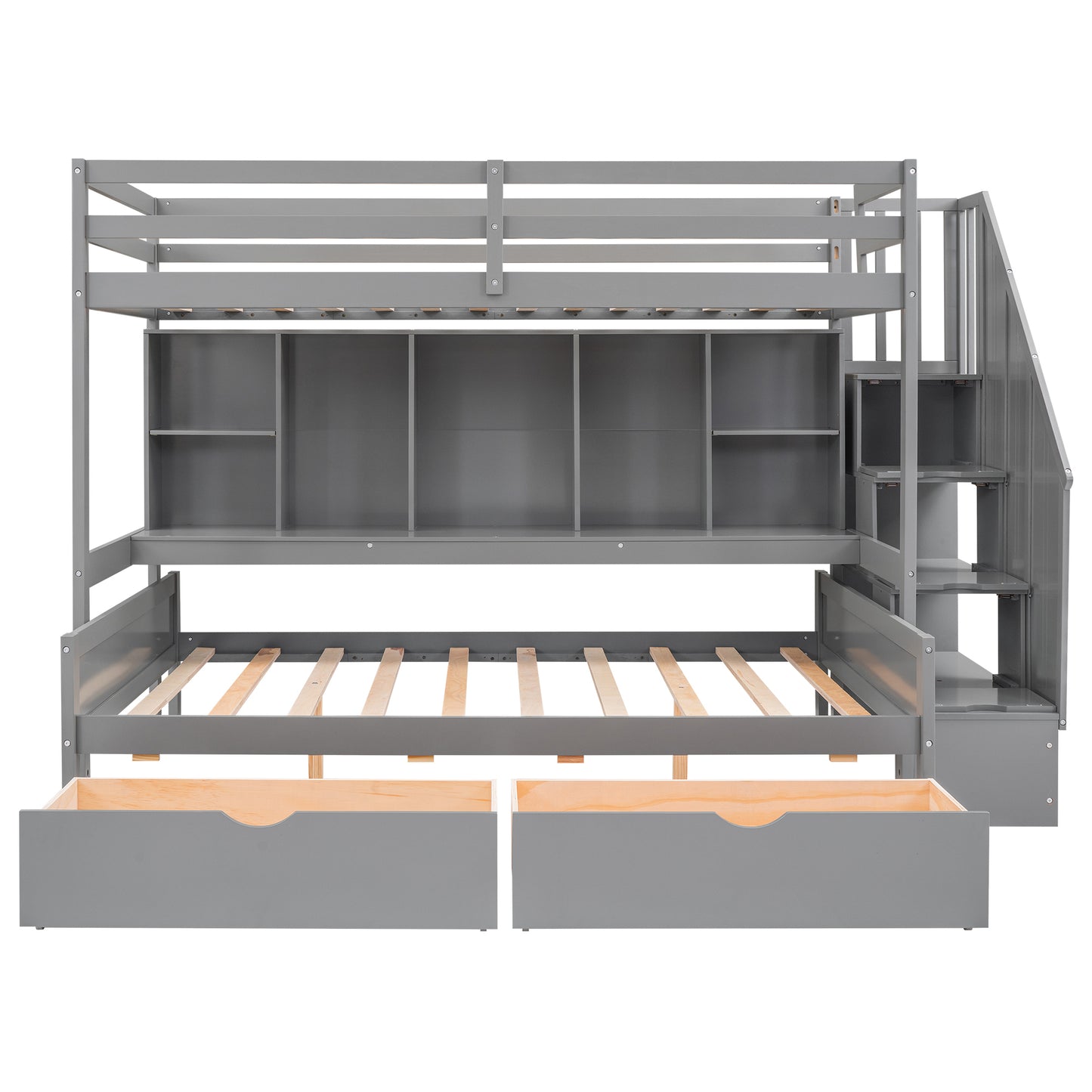 Gray Twin XL over Full Bunk Bed with Study Desk and Storage Solution