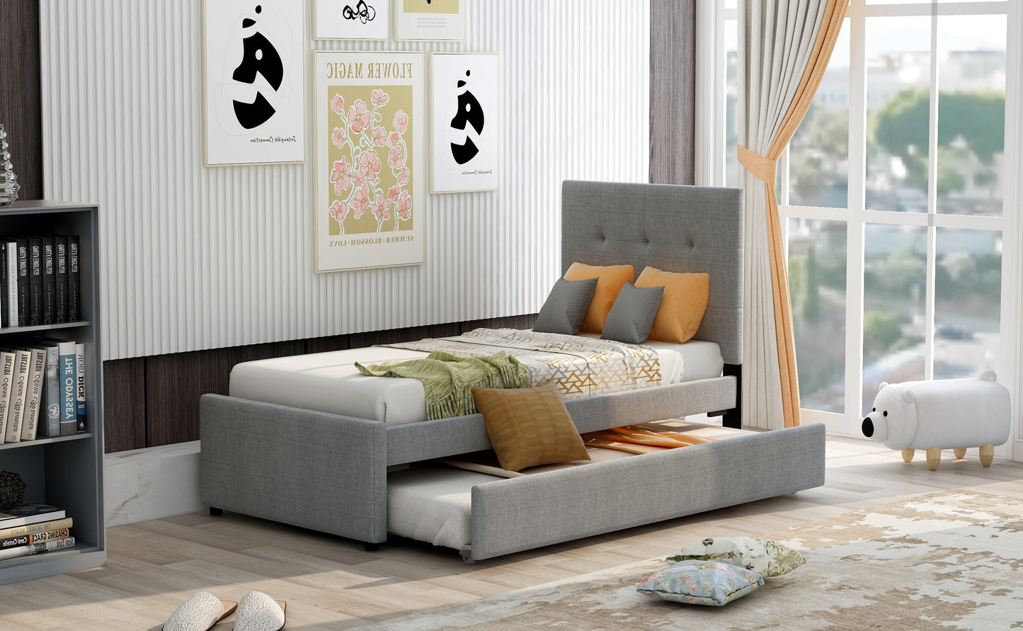 Linen Upholstered Platform Bed With Headboard and Trundle, Twin