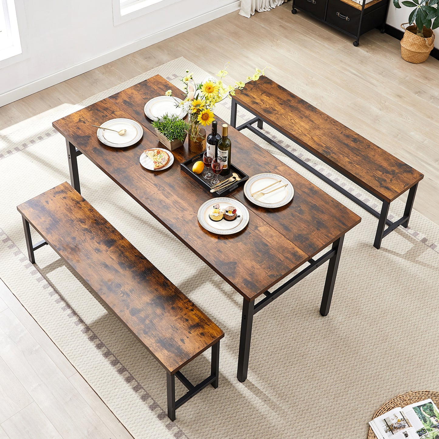 Oversized dining table set for 6, 3-Piece Kitchen Table with 2 Benches, Dining Room Table Set for Home Kitchen, Restaurant, Rustic Brown,67'' L x 31.5'' W x 31.7'' H.