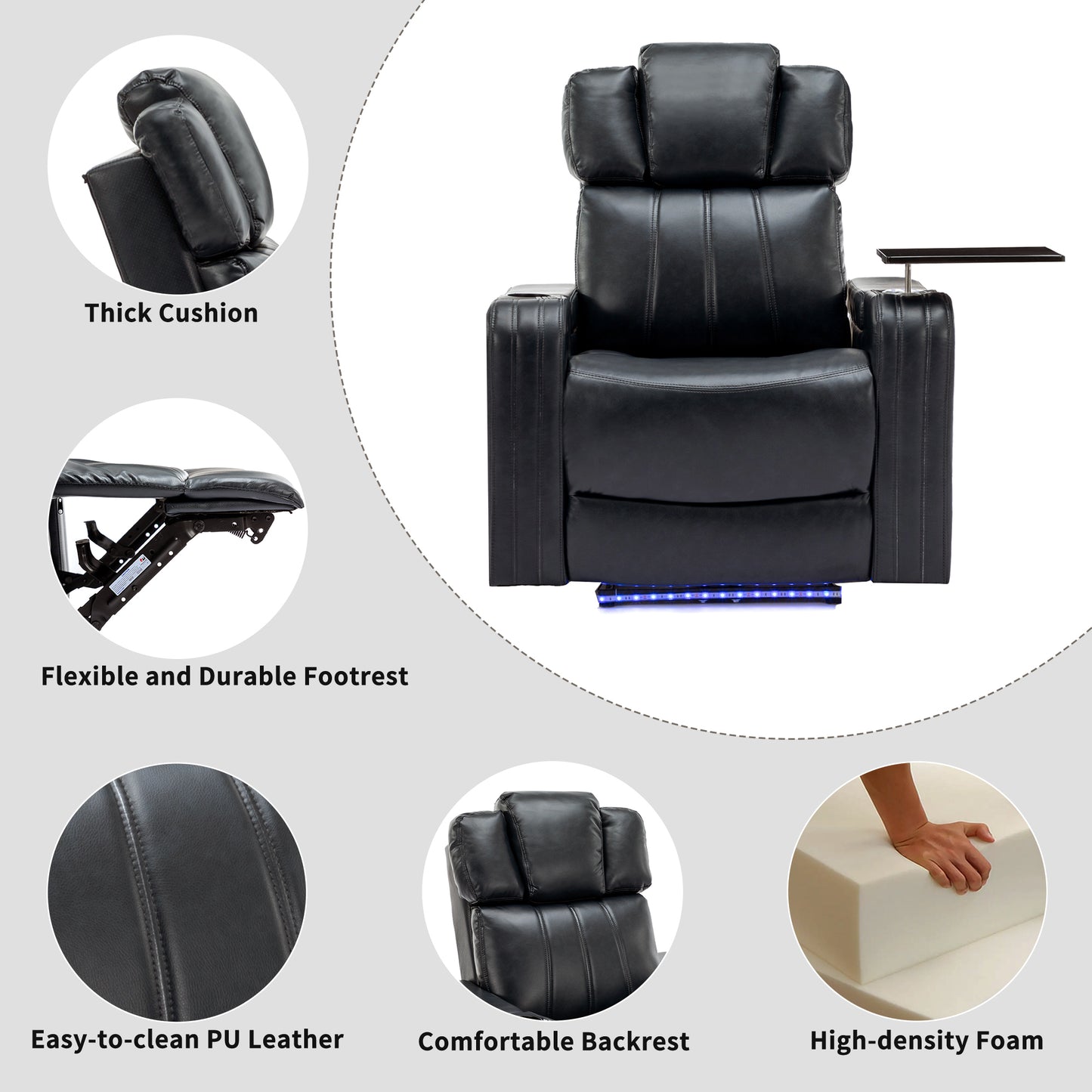 Home Theater Power Recliner with Cooling Cup Holder, Bluetooth Speaker, LED Lights, and USB Ports