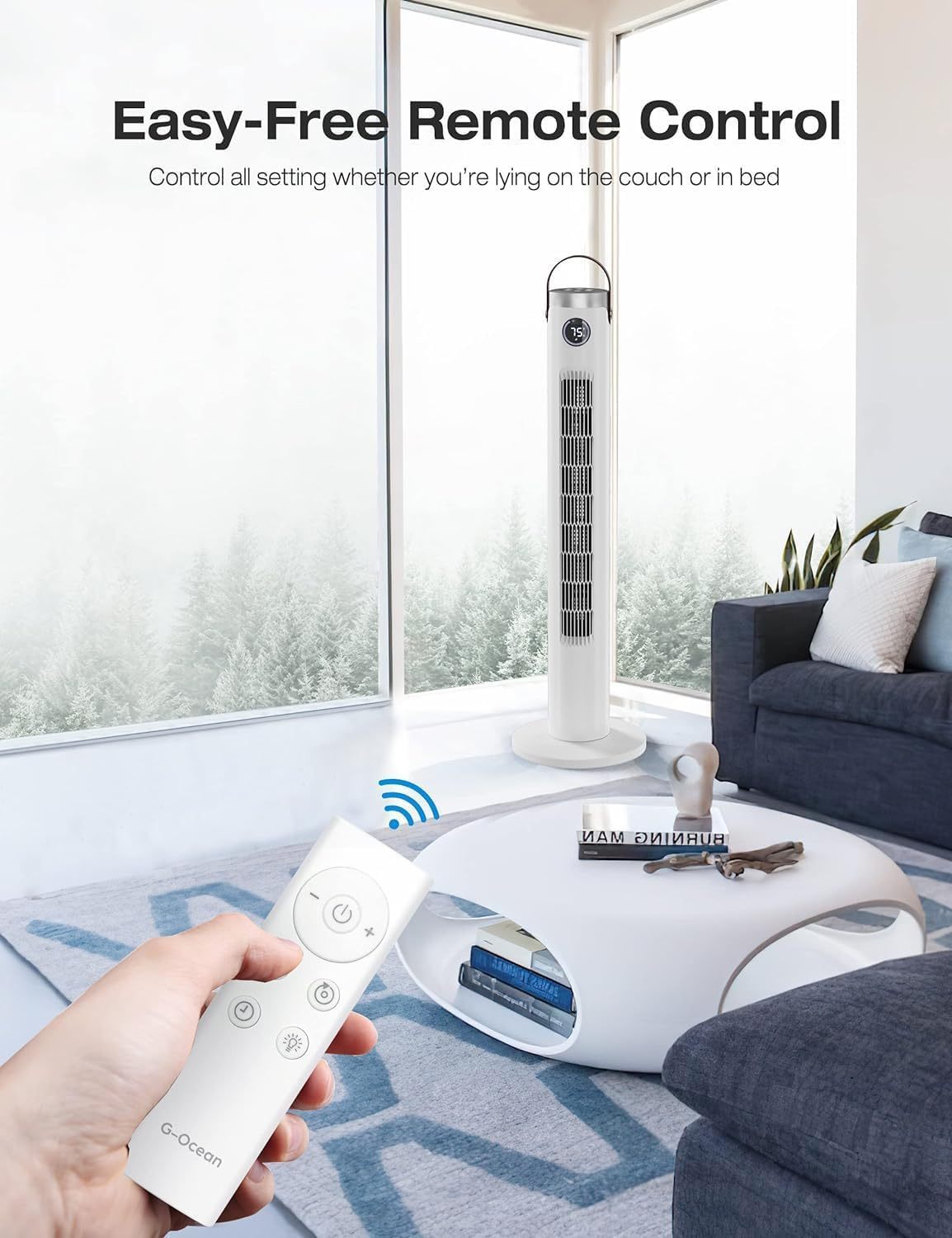 Oscillating Tower Fan with Remote Control and Bladeless Technology, G-Ocean 46 Inch Cooling Fan with 24H Timer, 3 Speeds, 3 Modes, LED Display - Ideal for Home or Office Use (White)