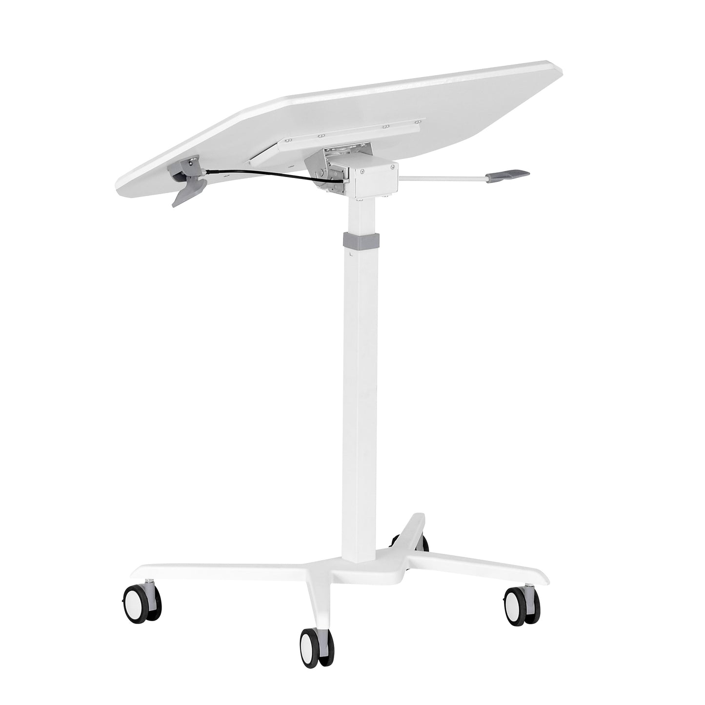 Adjustable White Laptop Stand with Tilt Tabletop and Rolling Mechanism