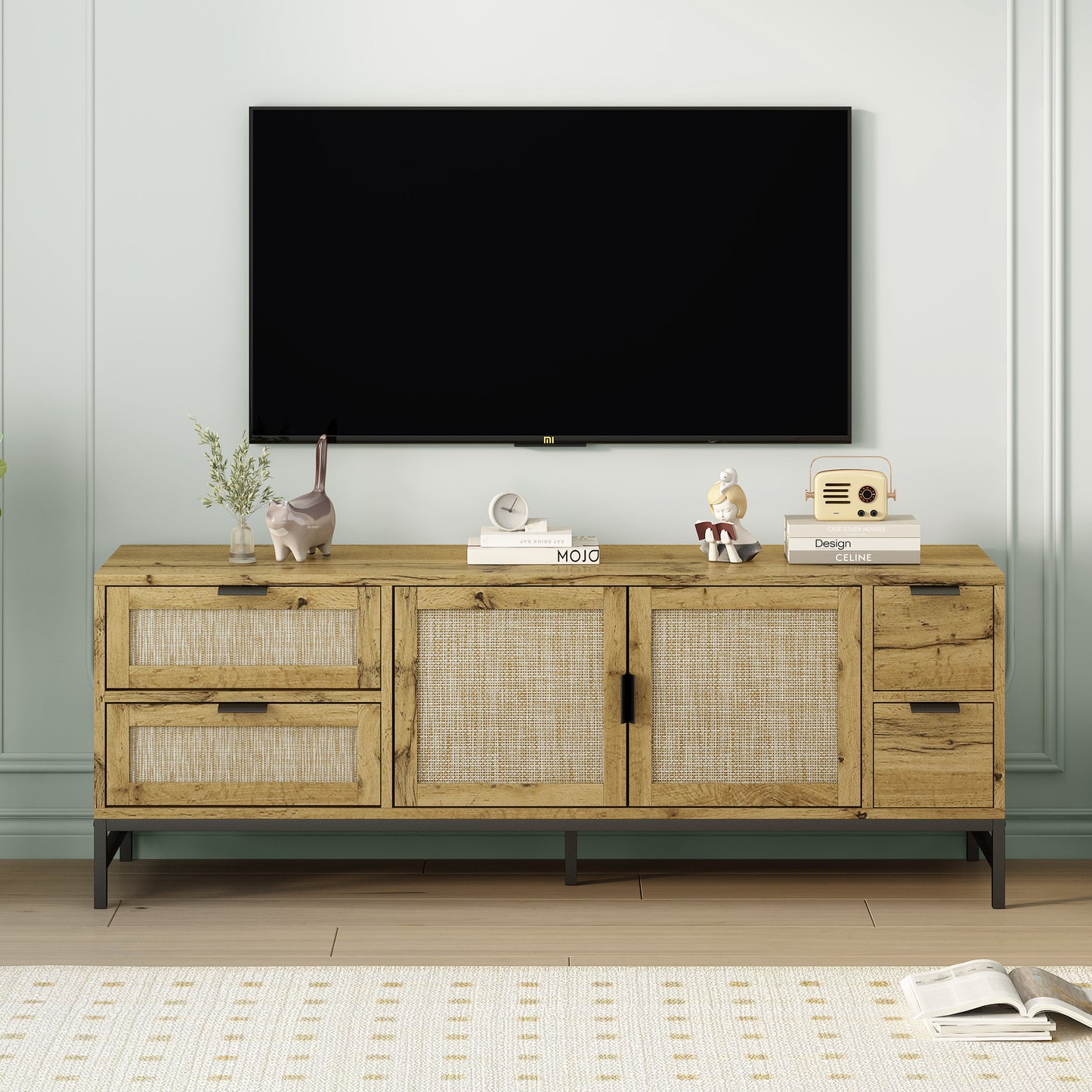 Sleek Boho-Style Rattan TV Console with Adjustable Shelves