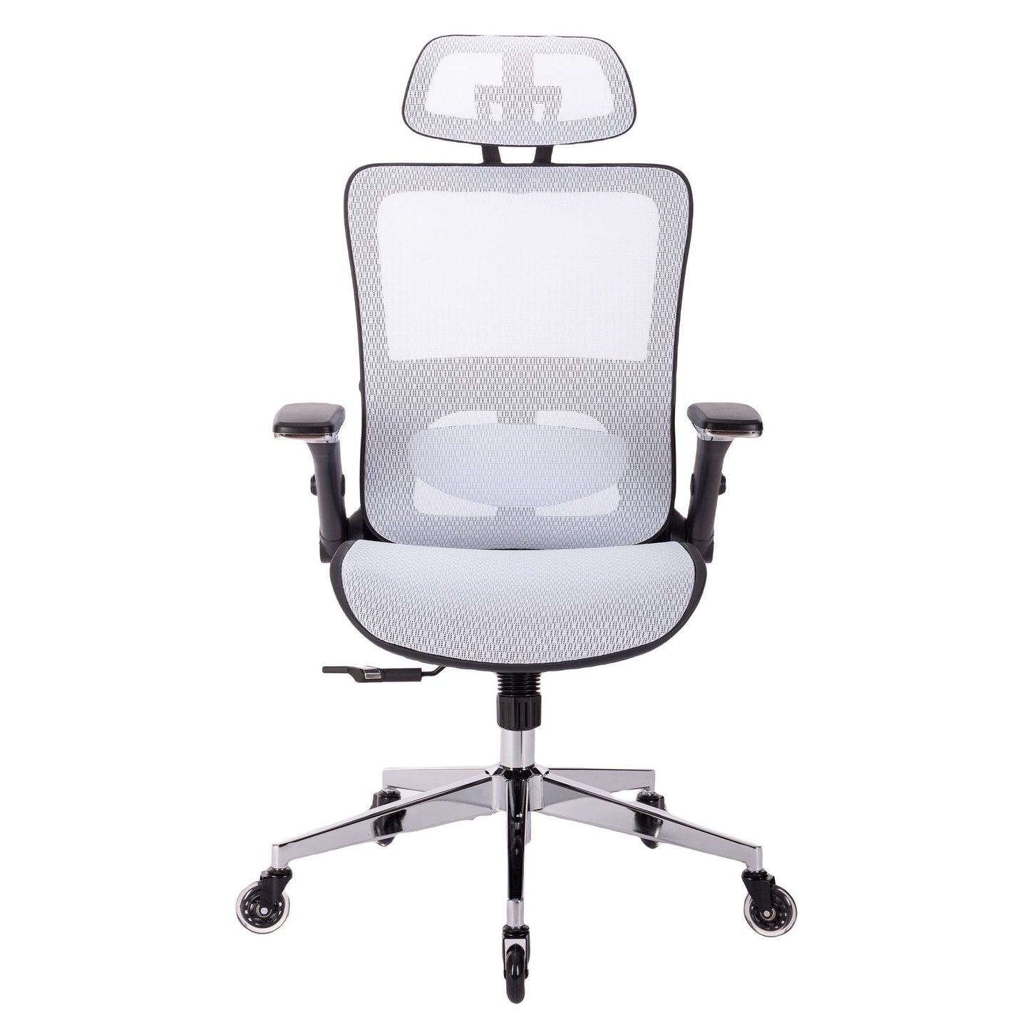 WHITE Ergonomic Mesh Office Chair, High Back - Adjustable Headrest with Flip-Up Arms, Tilt and lock Function, Lumbar Support and blade Wheels, KD chrome metal legs