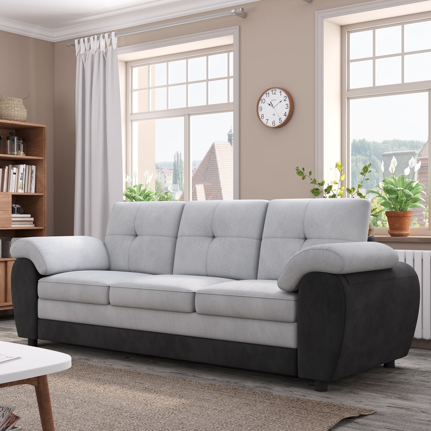 81.9 Inch Large Three-Seat Sofa, Modern Upholstered in Black Leather and Light Gray Velvet