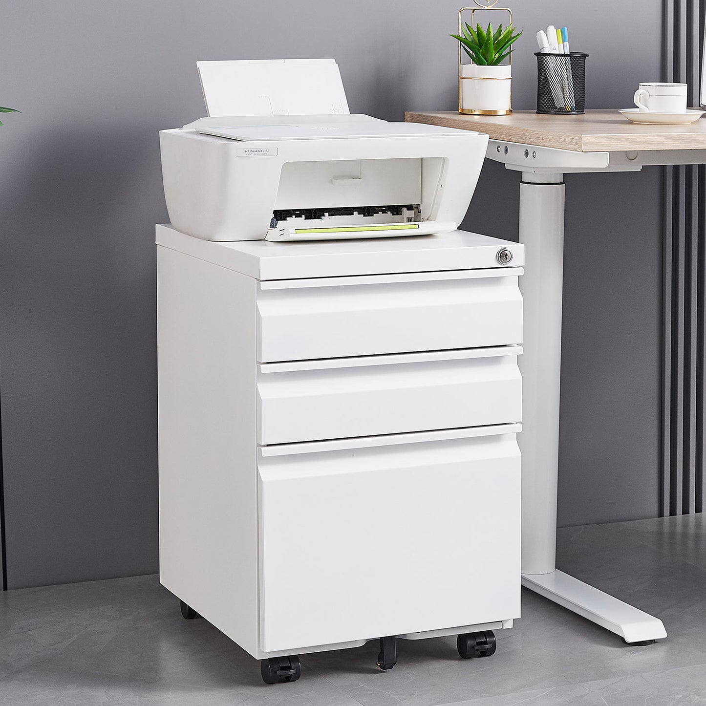 Mobile 3-Drawer Filing Cabinet with Lock, White Metal Office Storage for Legal/Letter Size Files