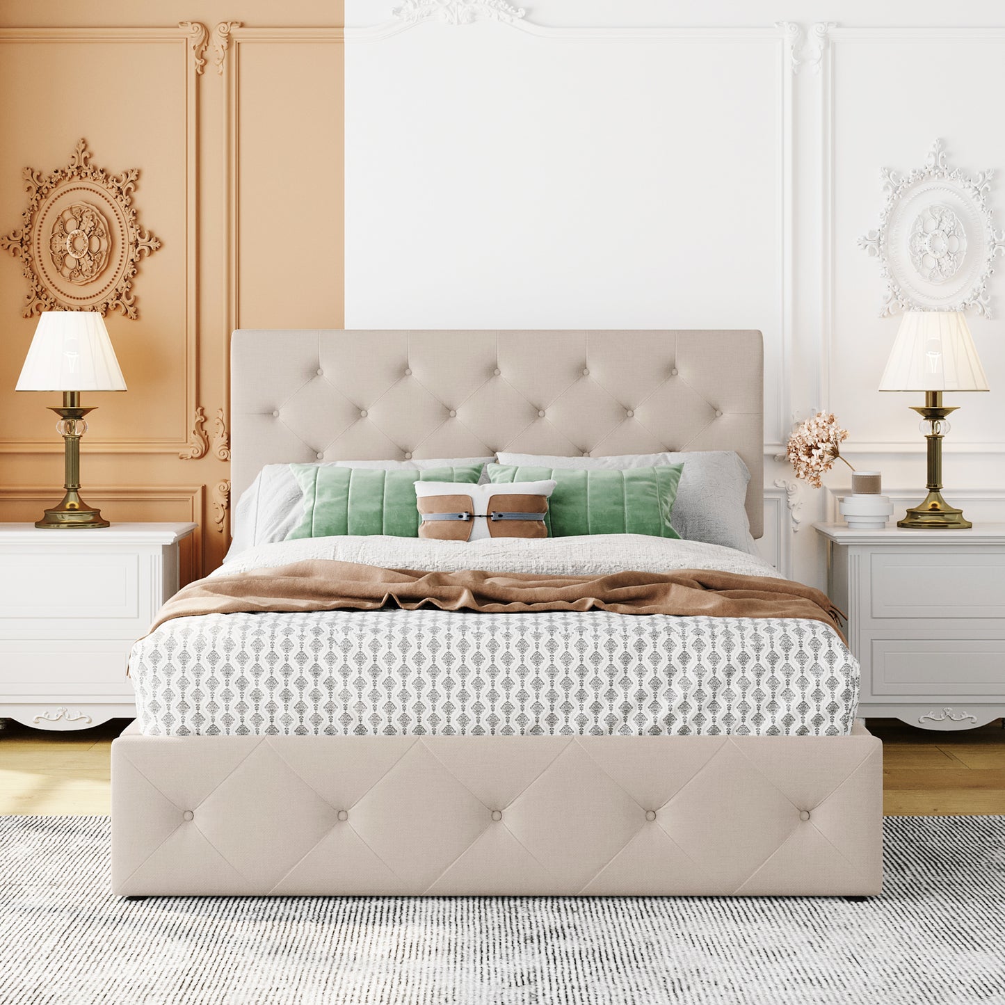 Full size Upholstered Platform bed with a Hydraulic Storage System - Beige