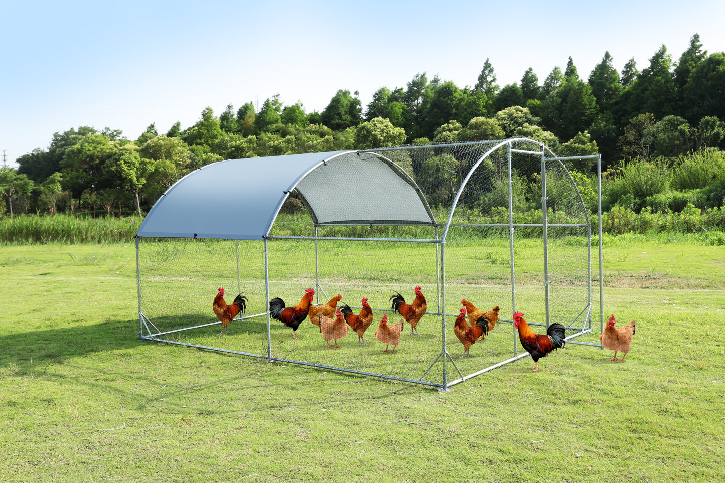 Large metal chicken coop upgrade three support steel wire impregnated plastic net cage, Oxford cloth silver plated waterproof UV protection, duck rabbit sheep bird outdoor house 9.2'W x 12.5'L x 6.5'H