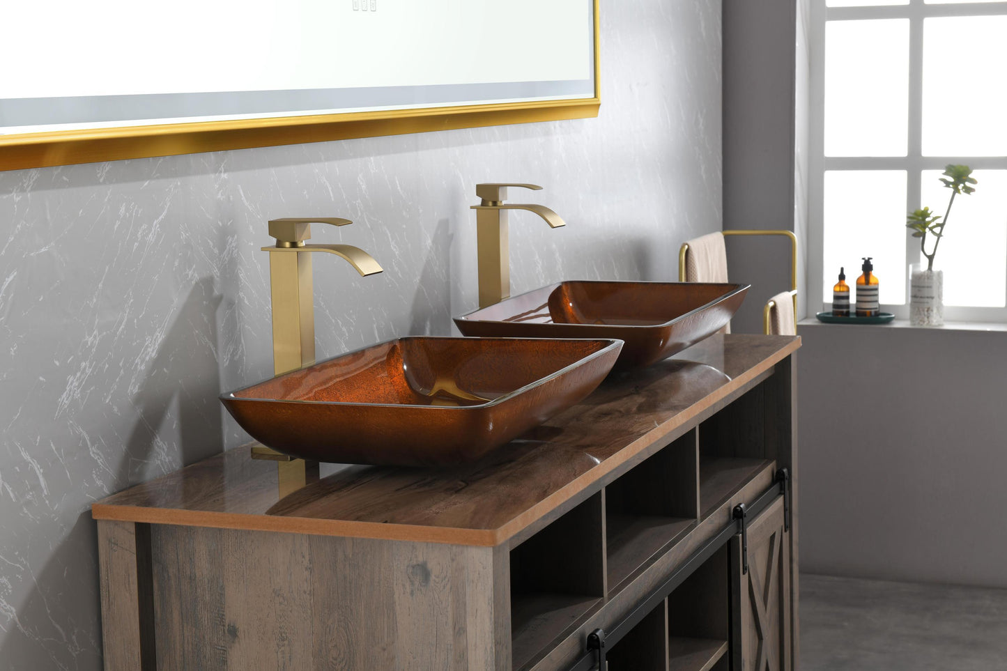 Luxurious Handmade Glass Vessel Sink Set in Deep Chocolate Brown Finish with Gold Accents