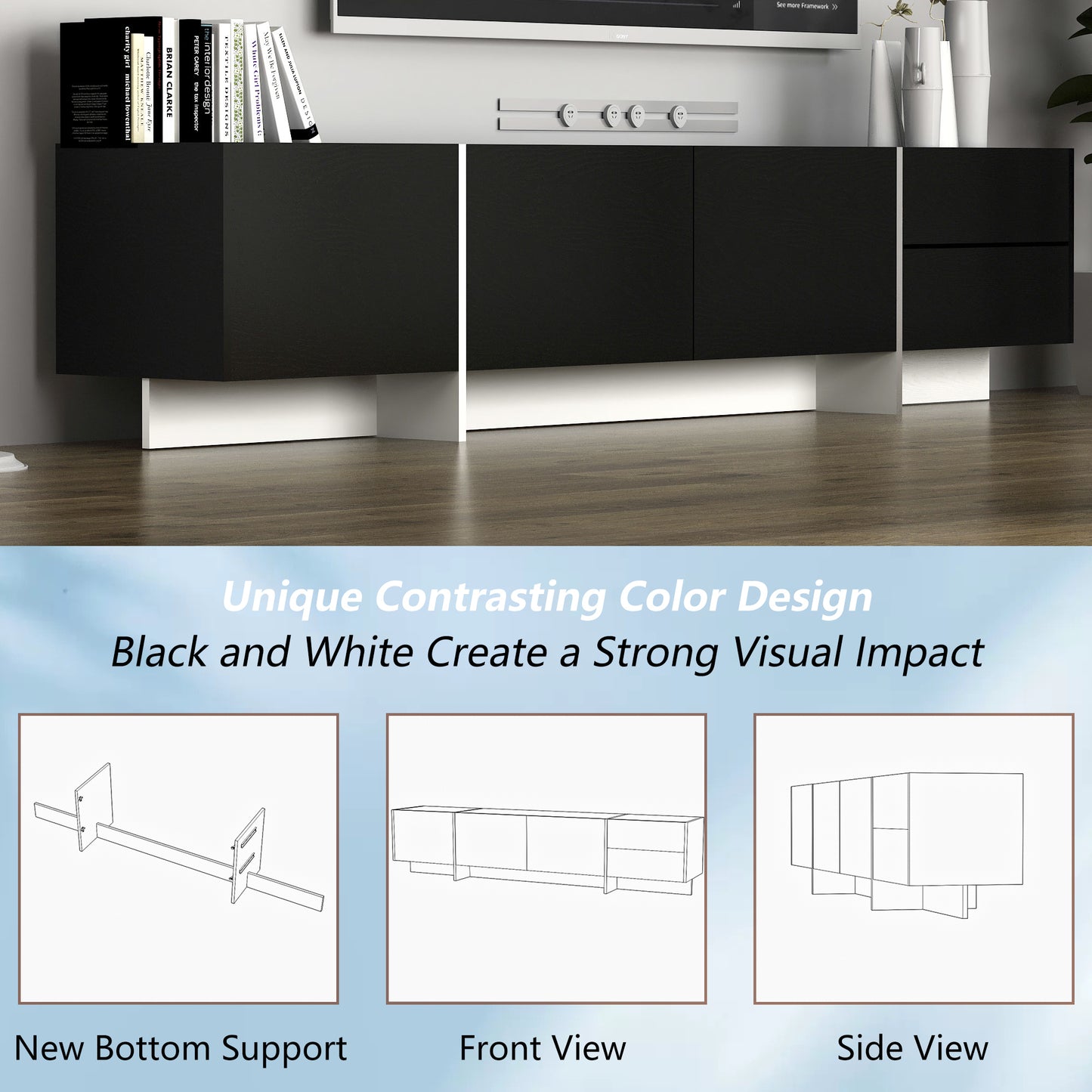 Modern Black TV Console with LED Lights and Storage Cabinets for 75 TV