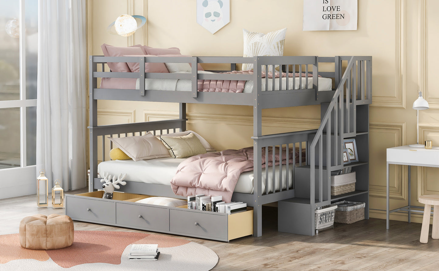 Gray Full-Over-Full Bunk Bed with Staircase, Drawer, and Storage