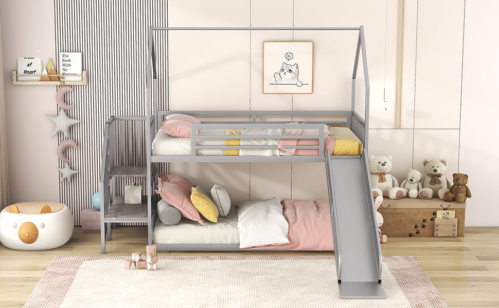 House-Shaped Silver Metal Twin Bunk Bed with Slide, Staircase, and Storage